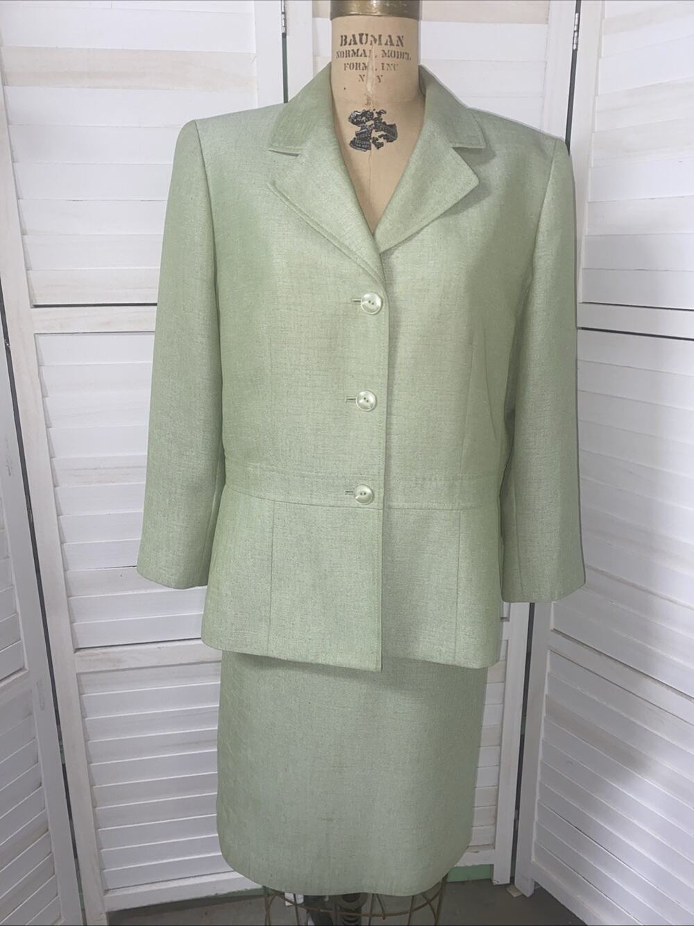 90s SUIT STUDIO 2pc Green Polyester SKIRT SUIT Sz 16 Pencil Lined Single Breast